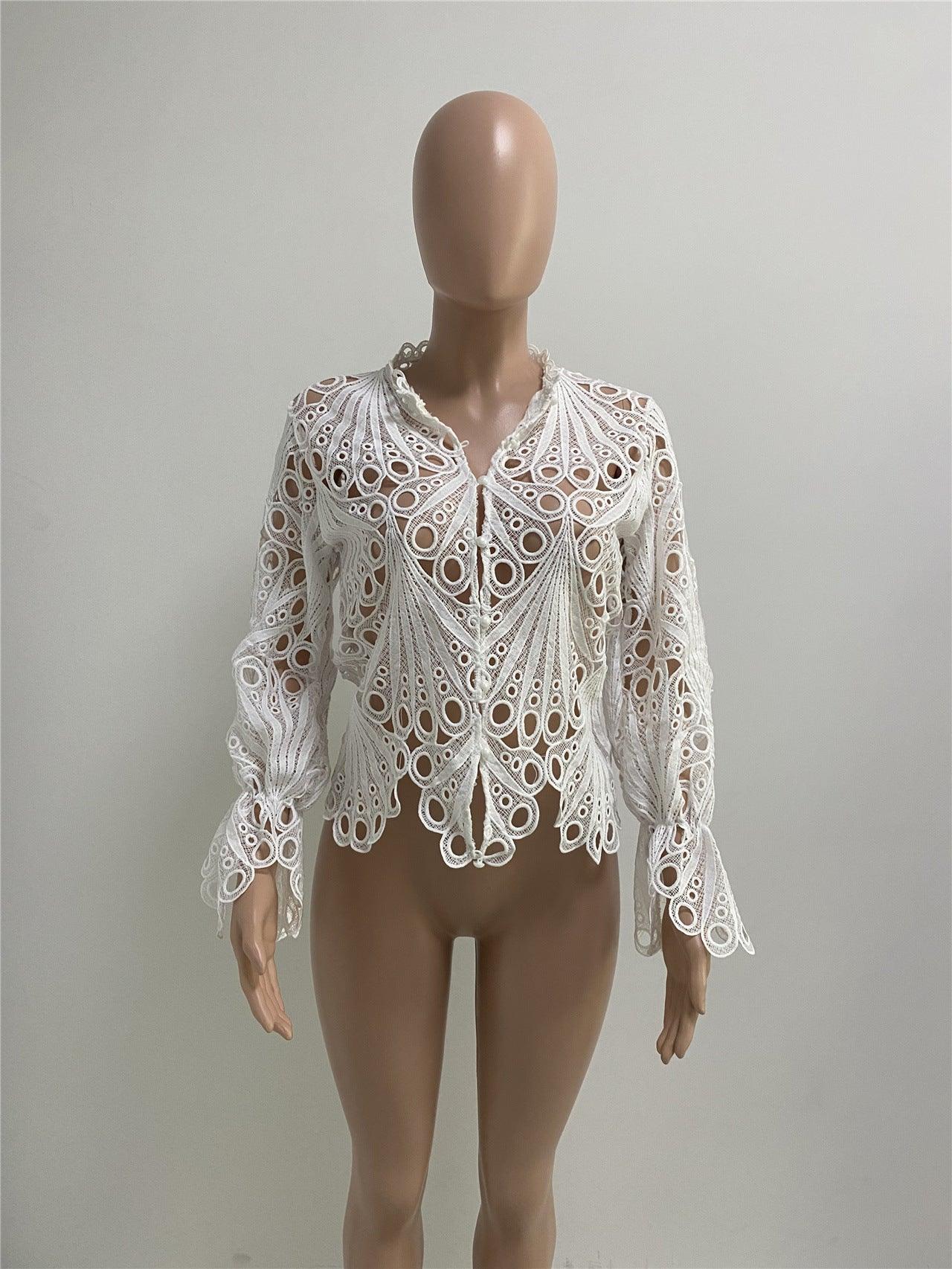 Hollowed out Sheer Mesh Blouse - ODDSALTBoutique