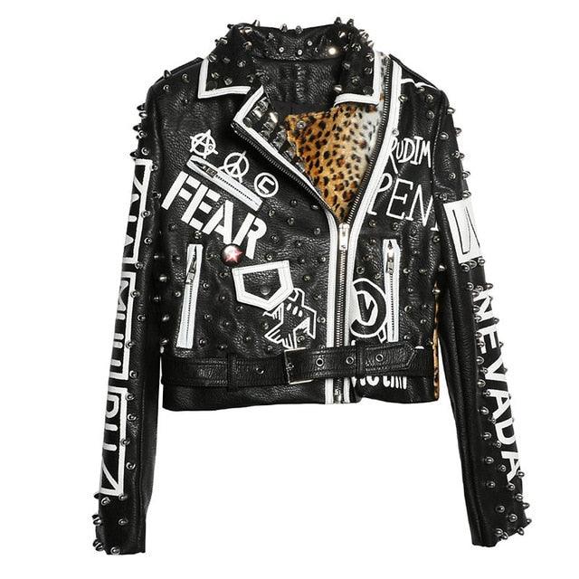 Graffiti Faux Leather Jacket Cropped Moto-Bad Kitty - ODDSALTBoutique